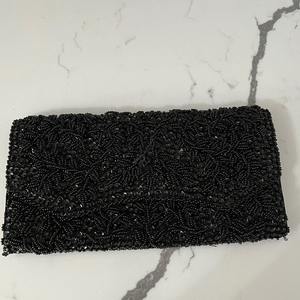 Vintage La Regale Ltd Nlack Beaded Sequined Satin Evening Clutch Bag Hong Kong